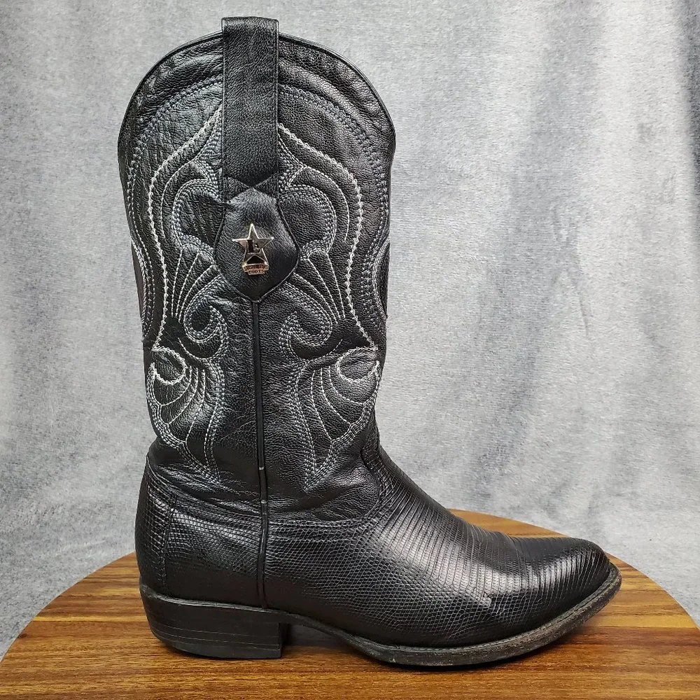 Los Altos Boots Men's 7 D Black Leather Lizard Ring Cowboy Western Pull On